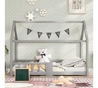 STAPERFO Cama infantil de 90 x 200 cm | Cama de suelo Montessori con protección contra caídas y pizarra, madera de pino maciza en gris, incluye somier de láminas resistente sin colchón