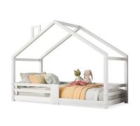 STAPERFO Cama infantil de madera maciza, 90 x 200 cm, cama de suelo con protección anticaídas, diseño Montessori Tipi con chimenea, cuna blanca sin colchón
