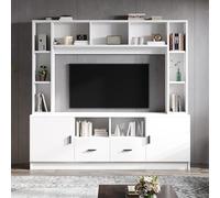 STAPERFO Juego de pared para TV en color blanco, con tablero de TV, vitrina y estantes, juego completo con 2 armarios y 11 compartimentos