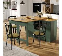 STAPERFO Mesa de bar extensible de 120 a 180 cm: aparador de cocina, mesa de comedor, salón, oficina en casa, mesa alta con espacio de almacenamiento y botellero, 76 cm de alto, MDF verde antiguo