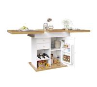 STAPERFO Mesa de comedor extensible de 110 a 140 cm con espacio de almacenamiento y puerta abatible, mesa de cocina con cajón y botellero para 4-6 personas, color blanco
