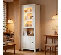STAPERFO Vitrina de pie con iluminación LED, control por aplicación, 6 compartimentos, altura regulable, puerta frontal de cristal, aspecto de madera natural, color blanco, 70 x 40 x 188 cm