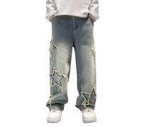 Star Baggy Jeans for Boys Ripped Straight Wide Leg Denim Pants Trendy Kids Elastic Waist Washed School Trousers with Pockets Teens Vintage Loose Fit Y2K Hip Hop Streetwear