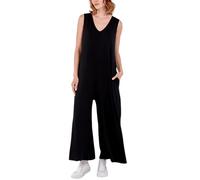 STAR FASHION Overol largo y ligero para mujer, sin mangas, con cuello en V, cómodo para verano, playa, fiesta, casual, de pierna ancha, talla única 16 a 22, Negro, Altoa única