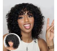 Star Show Pelucas cortas y rizadas de cabello humano ondulado con flequillo para mujeres negras, sin pegamento, sin encaje frontal, sin pegamento, con flequillo, color negro natural, 10 pulgadas