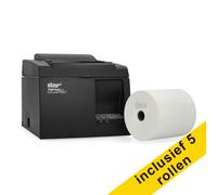 Star TSP143IIU+ impresora de tickets negra y paquete con 5 rollos de papel térmico blanco de 80x80x12 para caja registradora.