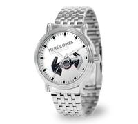 STAR WARS Reloj para hombre con texto "Here Comes Trouble" y esfera TIE Fighter, regalo divertido para fanáticos de la ciencia ficción, cinéfilos o coleccionistas, caja plateada, bisel y correa de