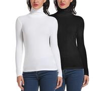 STARBILD Camisa de Manga Larga para Mujer Top de Cuello Alto Jersey Ligero Blusas de túnica Delgadas S-XXXL 2pcs Black&White X-Large