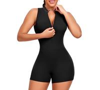 STARBILD Mono Deportivo para Mujer Corto Ajustado con Espalda al Aire, con Cremallera Push-Up Almohadillas Extraíbles, para Deporte, Yoga, Fitness, Running, Gimnasio o Entrenamiento, Negro Ébano XL
