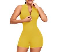 STARBILD Mono Deportivo para Mujer Corto Ajustado Espalda al Aire, con Cremallera Push-Up Almohadillas Extraíbles, para Deporte, Yoga, Fitness, Running, Gimnasio o Entrenamiento, Amarillo Energía L