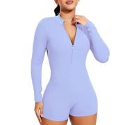 STARBILD Mujer Mono Corto Deportivo con Cremallera Manga Larga, Gym Jumpsuits Short Zipper Push Up, V Back Scrunch Butt Una Pieza para Pilates Yoga Fitness Gimnasio, Azul Cielo M