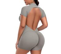 STARBILD Mujer Mono Corto Deportivo con Cremallera Mangas Cortas, Gym Jumpsuits Short Zipper Push Up, V Back Scrunch Butt Una Pieza para Pilates Yoga Fitness Gimnasio