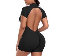STARBILD Mujer Mono Corto Deportivo con Cremallera Mangas Cortas, Gym Jumpsuits Short Zipper Push Up, V Back Scrunch Butt Una Pieza para Pilates Yoga Fitness Gimnasio, Negro S