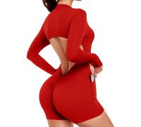 STARBILD Mujer Mono Corto Deportivo con Cremallera y Bolsillos, Gym Jumpsuits Short Zipper Push Up, Mangas Larga Una Pieza para Pilates Yoga Fitness Gimnasio, Rojo XS