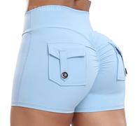 STARBILD Shorts Deportivo Cargo Push Up Mujer, Leggings Corto Cintura Alta Scrunch Butt con Bolsillos pour Gym Fitness Yoga, Cargo - Celeste L