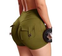 STARBILD Shorts Deportivo Cargo Push Up Mujer, Leggings Corto Cintura Alta Scrunch Butt con Bolsillos pour Gym Fitness Yoga, Cargo - Verde Oliva XL