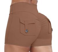 STARBILD Shorts Deportivo Cargo Push Up Mujer, Leggings Corto Cintura Alta Scrunch Butt con Bolsillos pour Gym Fitness Yoga, Cargo - Marrón M