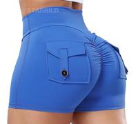 STARBILD Shorts Deportivo Cargo Push Up Mujer, Leggings Corto Cintura Alta Scrunch Butt con Bolsillos pour Gym Fitness Yoga, Cargo - Azul M