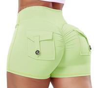 STARBILD Shorts Deportivo Cargo Push Up Mujer, Leggings Corto Cintura Alta Scrunch Butt con Bolsillos pour Gym Fitness Yoga, Cargo - Verde XL