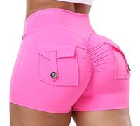 STARBILD Shorts Deportivo Cargo Push Up Mujer, Leggings Corto Cintura Alta Scrunch Butt con Bolsillos pour Gym Fitness Yoga, Cargo - Rosa L