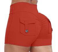 STARBILD Shorts Deportivo Cargo Push Up Mujer, Leggings Corto Cintura Alta Scrunch Butt con Bolsillos pour Gym Fitness Yoga, Cargo - Rojo XL