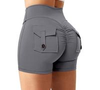 STARBILD Shorts Deportivo V Waisted Push Up Mujer, Leggings Corto Cintura Alta Scrunch Butt con Bolsillos pour Gym Fitness Yoga, Cargo - Gris XL