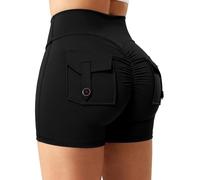 STARBILD Shorts Deportivo V Waisted Push Up Mujer, Leggings Corto Cintura Alta Scrunch Butt con Bolsillos pour Gym Fitness Yoga, Cargo - Negro XS