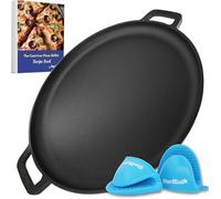 StarBlue - Plancha redonda de hierro fundido de 16 pulgadas con asas de silicona y libro electrónico de 30 recetas, para cocina presazonada, esencial de cocina para amantes de la pizza