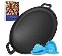 StarBlue - Plancha redonda de hierro fundido de 16 pulgadas con asas de silicona y libro electrónico de 30 recetas, para cocina presazonada, esencial de cocina para amantes de la pizza