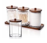 starfa lab Juego de 4 cajas redondas de acrílico para bastoncillos de | Con bandeja de bambú, juego organizador de baño, para almohadillas de algodón, gomas para el pelo, utensilios cosméticos