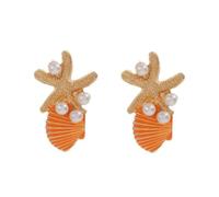 Starfish Seashell Earrings, Summer Beach Vacation Orange Enamel Simulated Pearl Dangle Earrings, 4.4 * 2.7cm Lightweight Boho Ocean Charm Jewelry for Women Wedding Party