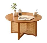 STARHMLUX Mesa de Centro Pequeña - Mesa Auxiliar Madera Redonda Soporte de Soporte en Cruz Artesanía de RatáN Tejido a Mano para Sala de Estar Cherry 31.5 * 31.5 * 15.7in