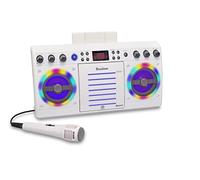 Starion KS303W-B - Máquina de karaoke portátil Bluetooth/CD+G, color blanco, altavoces estéreo integrados, soporte desmontable para tableta, efectos de luz multicolor, receptor Bluetooth integrado,
