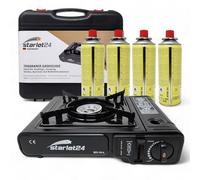 Starlet24® Hornillo de camping - Cocina de gas autónoma con 4 cartuchos de gas butano y maletín de transporte, fácil de usar, encendido piezoeléctrico - Ideal para exteriores, senderismo, camping y