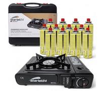 Starlet24 Juego de hornillos de camping con 12 cartuchos de gas y maletín de transporte, ideal para actividades al aire libre como camping y senderismo, portátil y autosuficiente sin electricidad