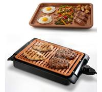 STARLYF Barbacoa eléctrica Smokefree Grill + Plancha - Barbacoa Eléctrica de 1250W, Parrilla Eléctrica Interior sin Humos ni Olores, Superficie Antiadherente de Cobre, Cocción Uniforme