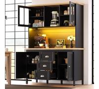 staronce Armario de cocina alto con iluminación LED y encimera, armario multiusos con 4 puertas y cajones, vitrina para salón y comedor, color blanco y negro