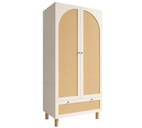 staronce Armario de estilo rústico con puertas de ratán, cajón grande y barra para colgar ropa, estantes ajustables en altura y bloqueo antivuelco, 180 x 85 x 52 cm, color blanco