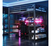 staronce Cama alta de 140 x 200 cm, cama de metal con espacio para escaleras e iluminación LED, enchufe europeo y pared perforada, escritorio integrado, estantes de varios niveles, cama individual