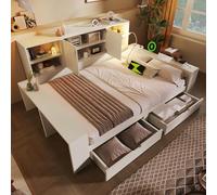 staronce Cama de almacenamiento de 140 x 200 cm, color blanco, con 2 cajones, USB y luz de lectura, cama de madera con puertas dobles, estantes ajustables, cama con espacio de almacenamiento para