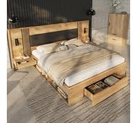 staronce Cama doble de 160 x 200 cm natural con espacio de almacenamiento y lámpara de lectura, cama de madera con 2 mesitas de noche y cajones, cama juvenil con cabecero de poliuretano, marco de cama