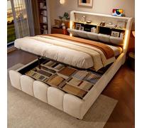 staronce Cama doble tapizada de 140 x 200 cm con LED y USB - Cama con espacio de almacenamiento e hidráulica, cabecero con tapa abatible, terciopelo beige, incluye somier, cama de invitados moderna