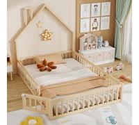 staronce Cama infantil de 140 x 200 cm con forma de chimenea, cama plana de madera con rejilla de seguridad y somier, color natural, cama individual de cuento de hadas para pequeños soñadores y