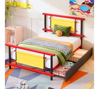 staronce Cama infantil y cama individual 90 x 200 cm, color rojo, cama de metal de acero con cajones, cama con espacio de almacenamiento para niños y niñas, ahorra espacio y es estable, soporta 120 kg