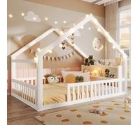 staronce Cama plana para niños de 140 x 190 cm con LED y listón de casa, cama de madera con rejilla de seguridad y estantes laterales, color blanco, incluye somier, diseño de cuento de hadas para