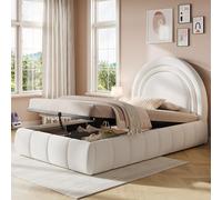 staronce Cama tapizada de 90 x 200 cm, cama individual con almacenamiento hidráulico y somier, cabecero tapizado en Bou ordes redondeados, diseño de cuento de hadas, color beige