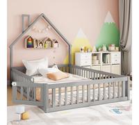 staronce Cama tapizada para niños de 140 x 190 cm con forma de chimenea, cama plana de madera con rejilla de seguridad y somier, gris, cama individual de cuento de hadas para pequeños soñadores y