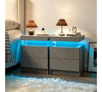 staronce Juego de 2 mesitas de noche LED con 2 cajones, mesa auxiliar moderna con iluminación LED multicolor para dormitorio, gris y dorado, 40 x 40 x 40 cm cada una