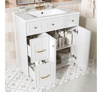 staronce Lavabo con mueble de pie de 82 cm blanco con patas de madera - Mueble bajo con cajones y puerta, juego de muebles de baño con lavabo, armario bajo lavabo de MDF