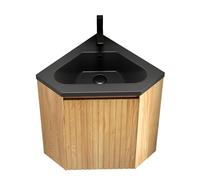 staronce Lavabo esquinero con armario de 38 cm, montaje en pared, armario colgante de madera natural con lavabo de resina negra mate, ahorra espacio, juego de muebles de baño para invitados